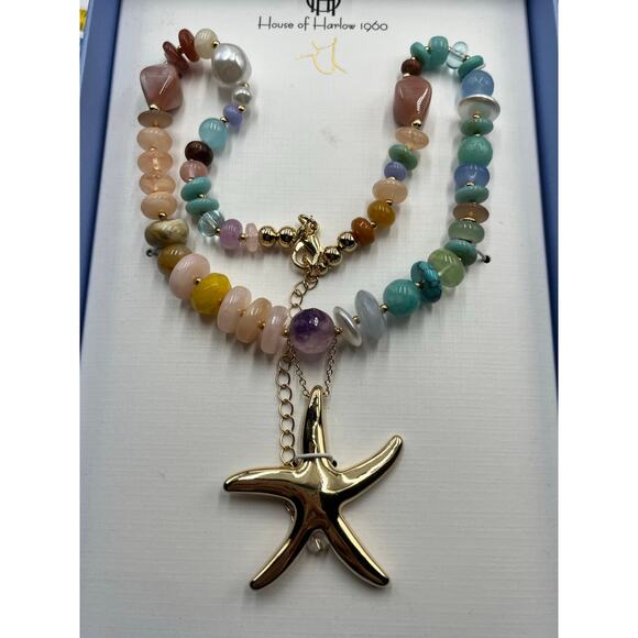 House of Harlow 1960 Faux Pearl Glass Beads Pink yStarfish Pendant Necklace New - Picture 3 of 8